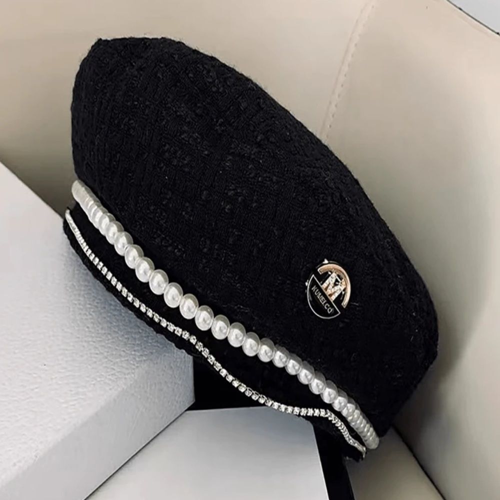 Elegant Black Beret with Pearl & Rhinestone Accents - Picture 5 of 7